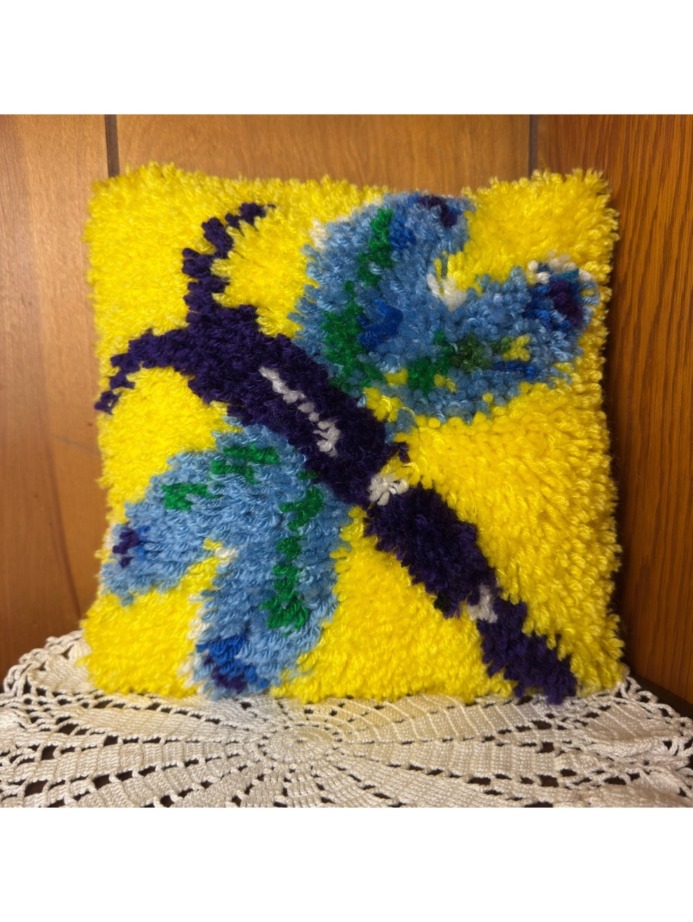 Vintage Latch Hook Dragonfly Throw Pillow Yellow Blue Purple 11 x 11